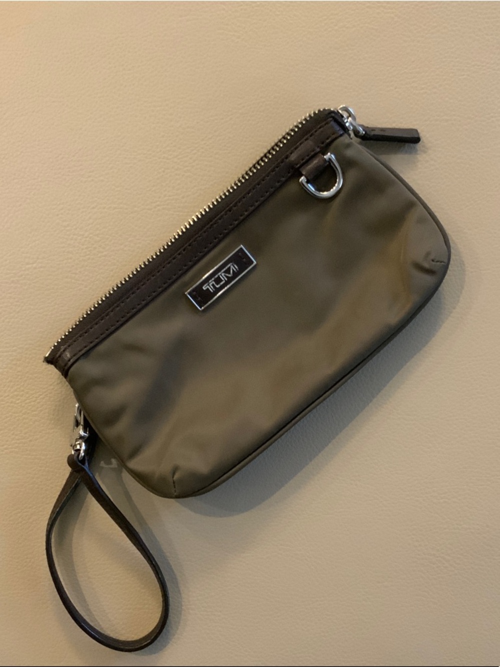 Tumi Olive Green Wristlet with Dark Trim
